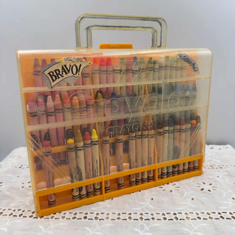 Vintage Crayola 72 Yellow Plastic Carrying Case Crayon Set Binney & Smith Retro